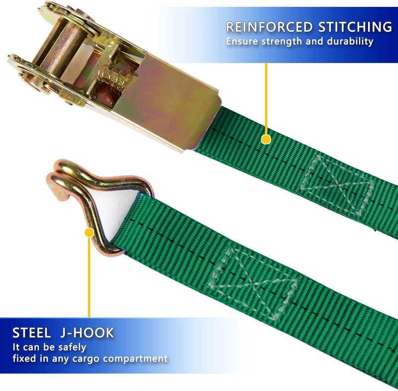 Sweecomb Ratchet Straps (4-Pack), 1 Inch x 16.4 Feet (2200lb Break Strength) with Sturdy Metal Hooks, 1x Work Gloves, Heavy Duty Tie Down Straps for Truck, Cargo Trailer, Motorcycle, Luggage, Moving (Green) - Image 4